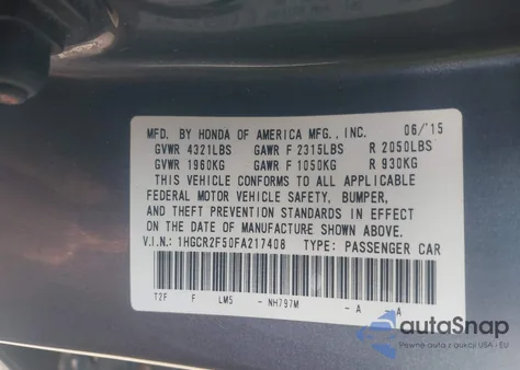 2015 Honda Accord Sport z USA, uszkodzony, nr VIN 1HGCR2F50FA217408